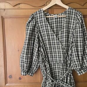 Women's Plaid Puff Sleeve Wrap Dress Large